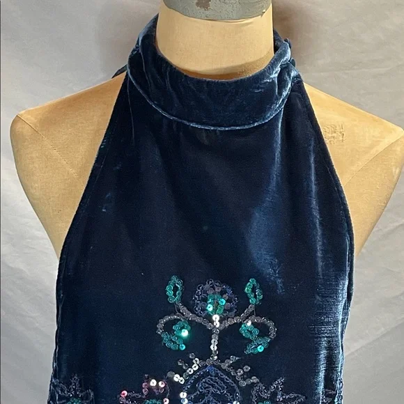 Free People Deep Blue Velvet Sleeveless Mini Dress with Sequin Details - Picture 4 of 11